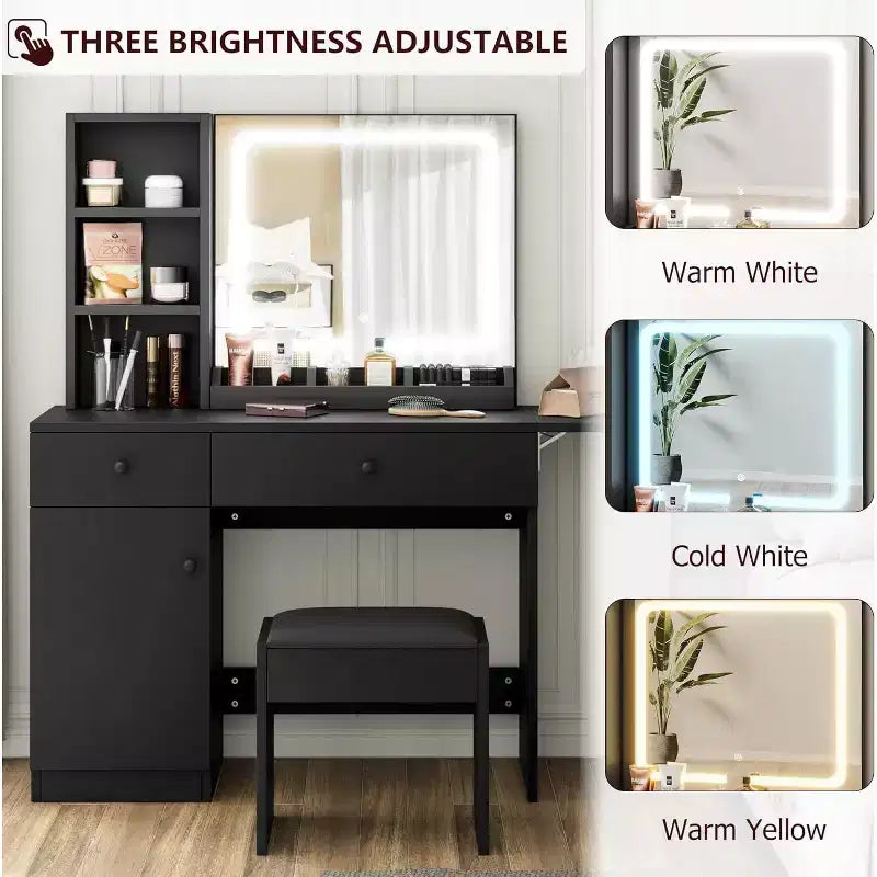 Makeup Vanity Desk with Mirror and Lights, Vanity Table Set with Drawer & Power Outlet Storage Chair & 3 Shelves, Bedroom