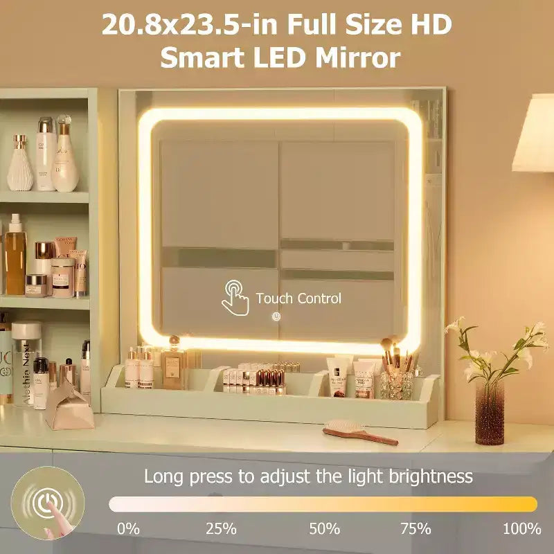 Makeup Vanity Desk with Mirror and Lights, Vanity Table Set with Drawer & Power Outlet Storage Chair & 3 Shelves, Bedroom