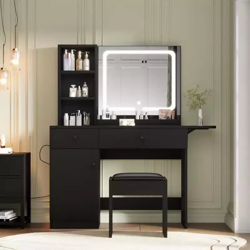 Toeletta Trucchi con Specchio e Luci, Set Toeletta con Cassetto e Presa di Corrente, Sedia e 3 Scaffali, Camera da Letto