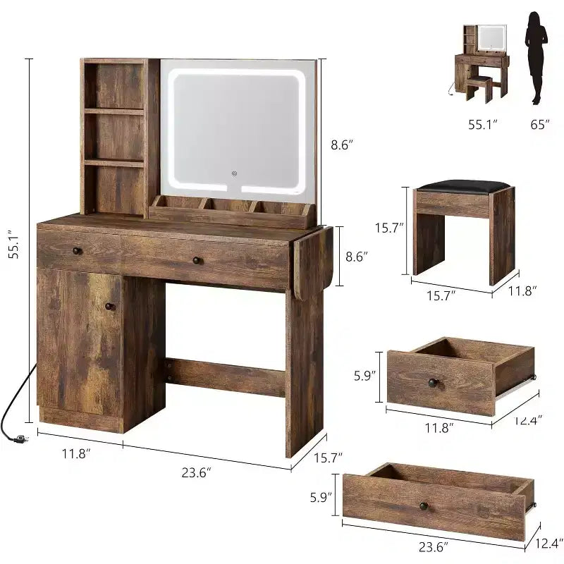 Toeletta Trucchi con Specchio e Luci, Set Toeletta con Cassetto e Presa di Corrente, Sedia e 3 Scaffali, Camera da Letto