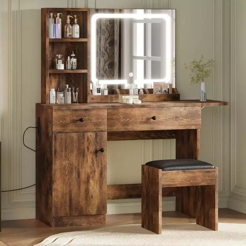Makeup Vanity Desk with Mirror and Lights, Vanity Table Set with Drawer & Power Outlet Storage Chair & 3 Shelves, Bedroom