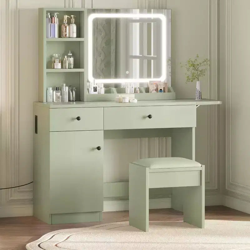 Makeup Vanity Desk with Mirror and Lights, Vanity Table Set with Drawer & Power Outlet Storage Chair & 3 Shelves, Bedroom