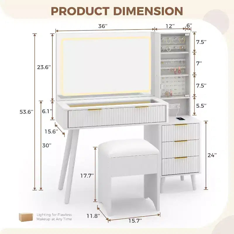 48 Toeletta Trucco con Specchio LED e Stazione di Ricarica, Tavolo da Trucco con Piano in Vetro e Sgabello Contenitore per Camera da Letto