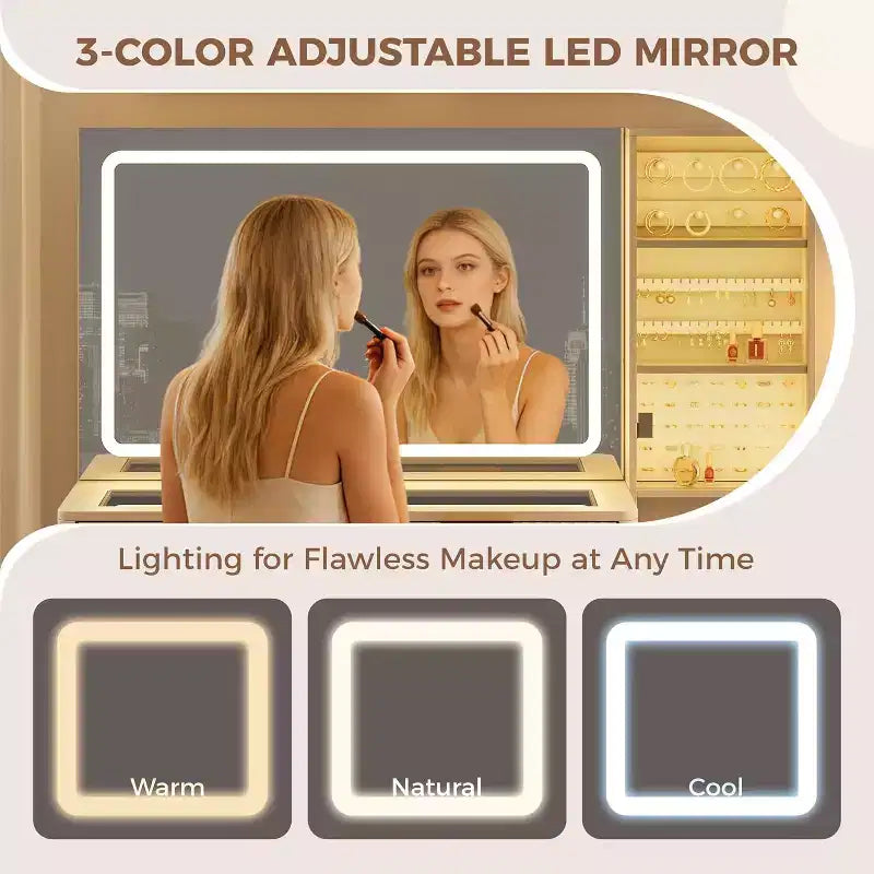 48 Toeletta Trucco con Specchio LED e Stazione di Ricarica, Tavolo da Trucco con Piano in Vetro e Sgabello Contenitore per Camera da Letto