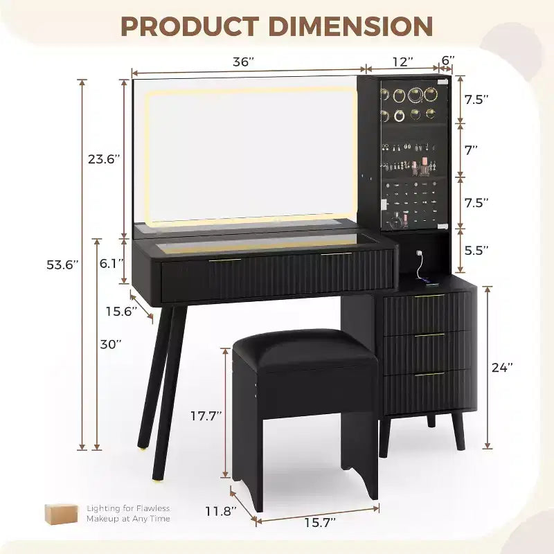 48 Makeup Vanity with LED Mirror & Charging Station Glass Top Dressing Table with Storage Stool for Bedroom