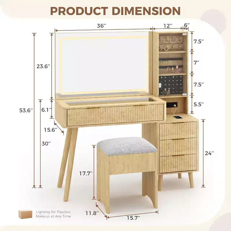48 Toeletta Trucco con Specchio LED e Stazione di Ricarica, Tavolo da Trucco con Piano in Vetro e Sgabello Contenitore per Camera da Letto