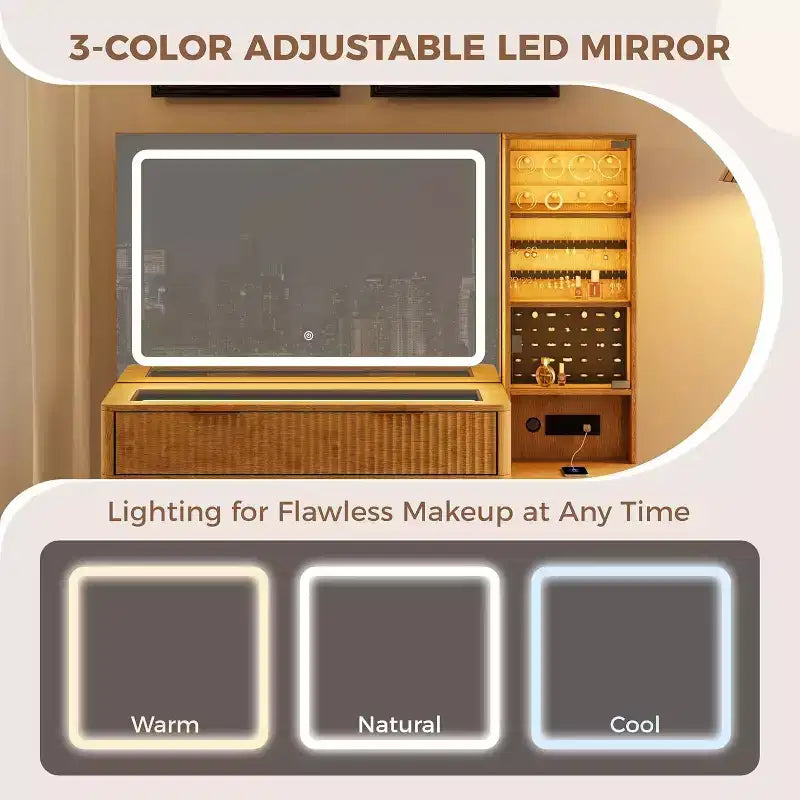 48 Toeletta Trucco con Specchio LED e Stazione di Ricarica, Tavolo da Trucco con Piano in Vetro e Sgabello Contenitore per Camera da Letto