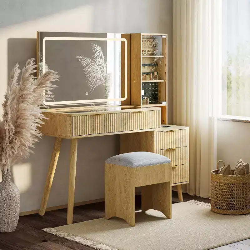 48 Makeup Vanity with LED Mirror & Charging Station Glass Top Dressing Table with Storage Stool for Bedroom
