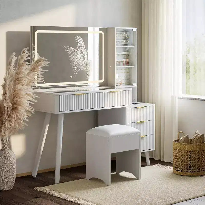 48 Makeup Vanity with LED Mirror & Charging Station Glass Top Dressing Table with Storage Stool for Bedroom
