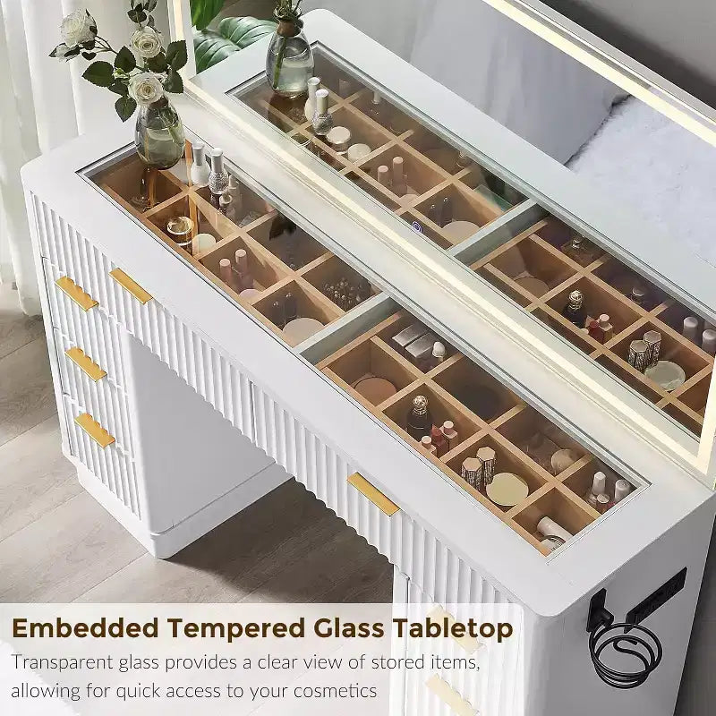 48 Fluted Makeup Vanity Desk with Mirror and Lights, Modern Vanity Table with 8 Drawers & Charging Station, Vanity Desk with Glass Top