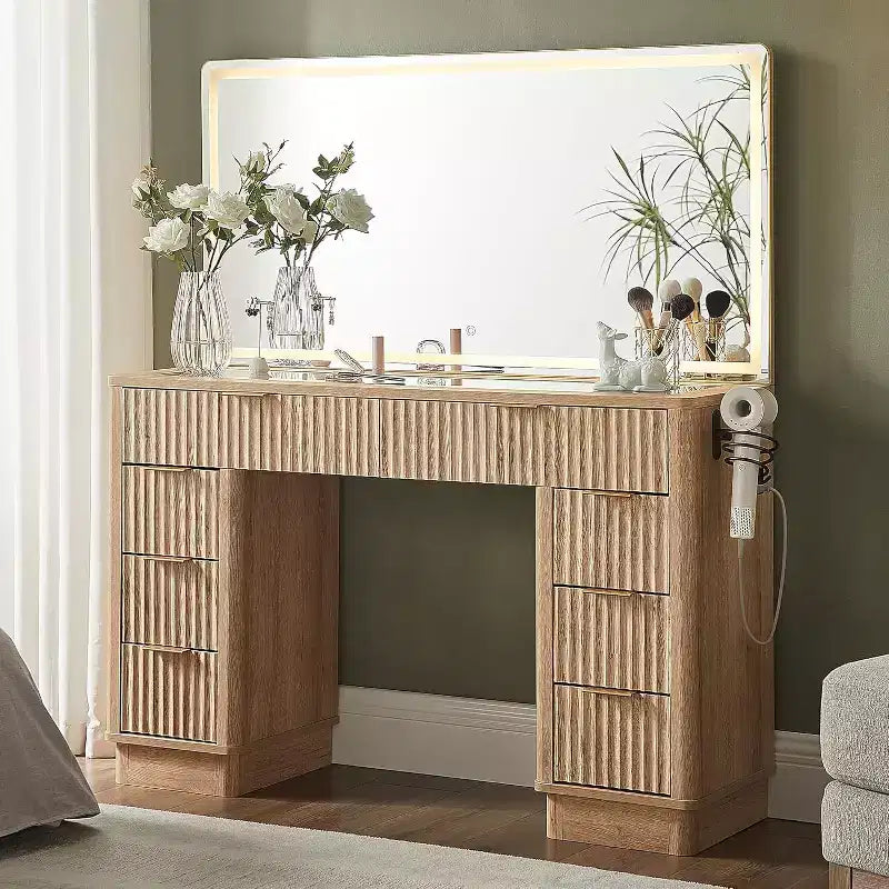48 Fluted Makeup Vanity Desk with Mirror and Lights, Modern Vanity Table with 8 Drawers & Charging Station, Vanity Desk with Glass Top