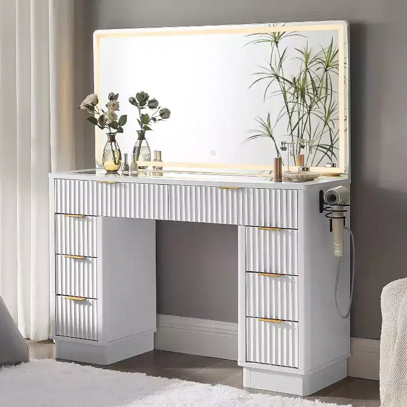 48 Fluted Makeup Vanity Desk with Mirror and Lights, Modern Vanity Table with 8 Drawers & Charging Station, Vanity Desk with Glass Top