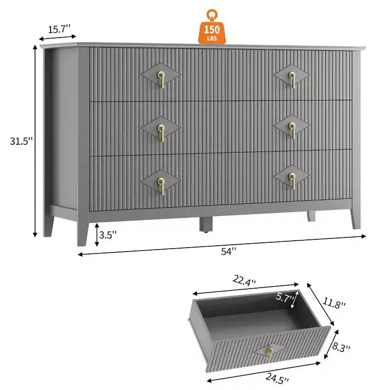54 Wide 6-Drawer Dresser, Modern Chest with Metal Handles for Bedroom Storage, Gray