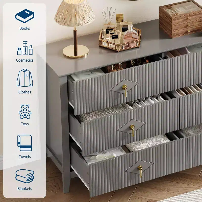 54 Wide 6-Drawer Dresser, Modern Chest with Metal Handles for Bedroom Storage, Gray