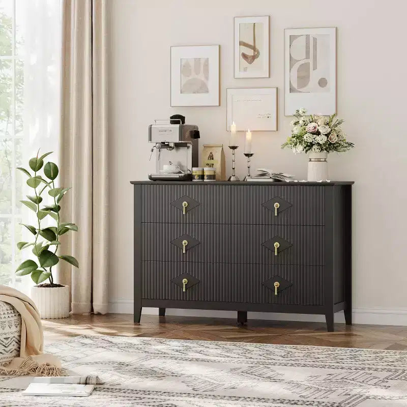 48 Wide 6-Drawer Dresser, Modern Chest with Metal Handles for Bedroom Storage, Black