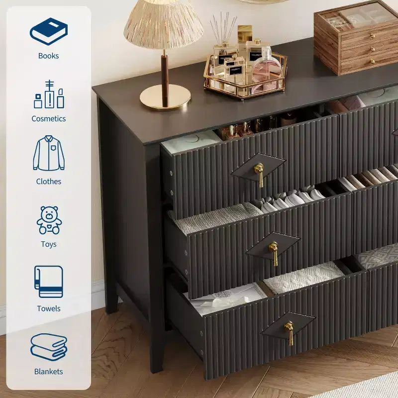 48 Wide 6-Drawer Dresser, Modern Chest with Metal Handles for Bedroom Storage, Black