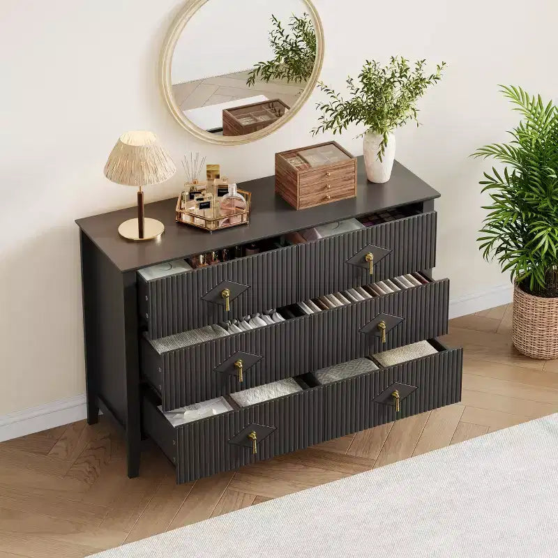 48 Wide 6-Drawer Dresser, Modern Chest with Metal Handles for Bedroom Storage, Black