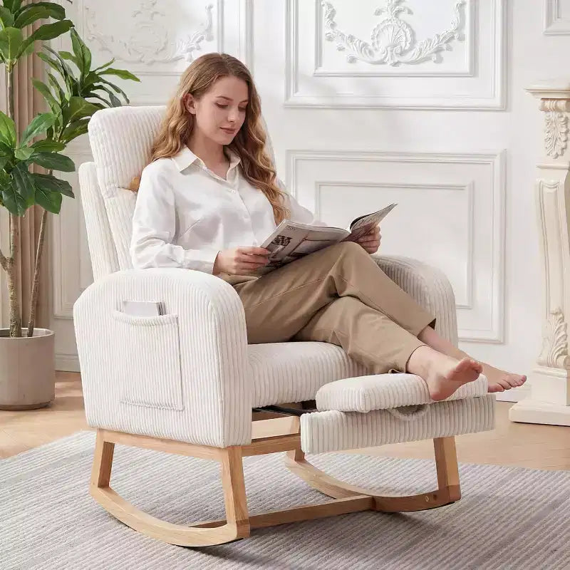 Modern Nursery Rocking Chair, Corduroy Upholstered Glider with Adjustable Footrest & Side Pocket for Living Room Bedroom Nursing Room, Beige