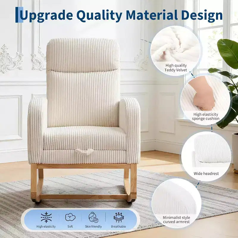 Modern Nursery Rocking Chair, Corduroy Upholstered Glider with Adjustable Footrest & Side Pocket for Living Room Bedroom Nursing Room, Beige
