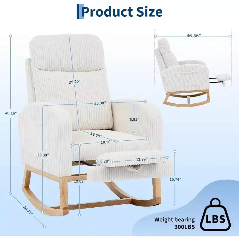 Modern Nursery Rocking Chair, Corduroy Upholstered Glider with Adjustable Footrest & Side Pocket for Living Room Bedroom Nursing Room, Beige