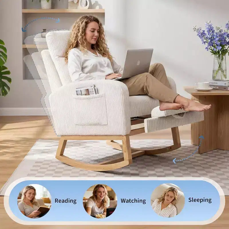Modern Nursery Rocking Chair, Corduroy Upholstered Glider with Adjustable Footrest & Side Pocket for Living Room Bedroom Nursing Room, Beige