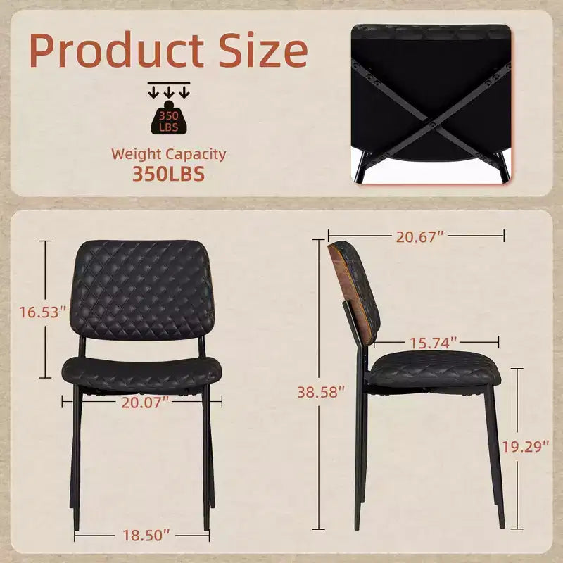 Mid Century Dining Chairs Set of 2, Quilted PU Leather Kitchen Chairs with Bentwood Back, Industrial Upholstered Side Chairs