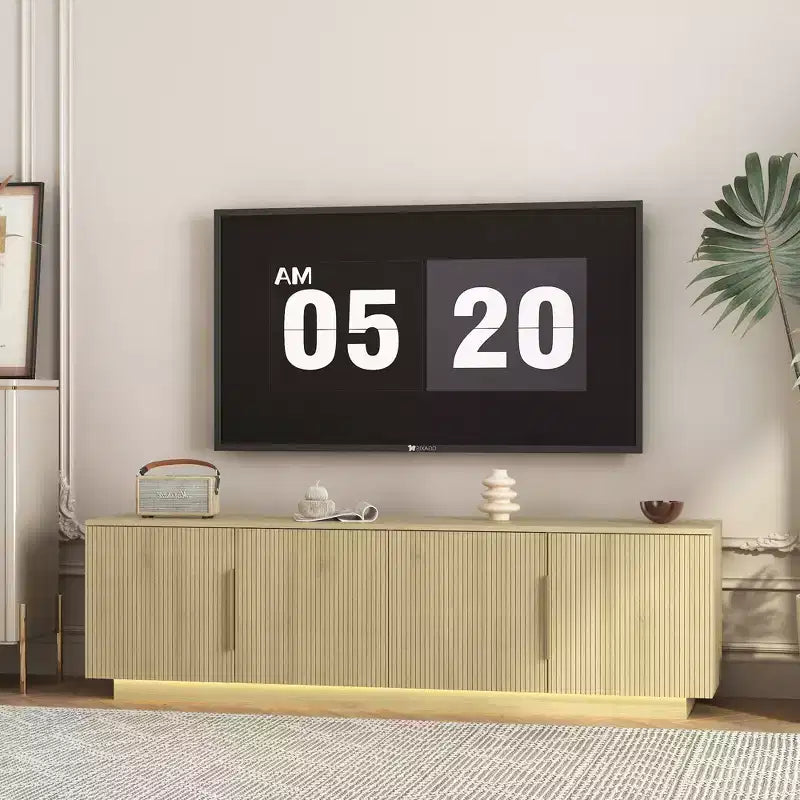 68-inch Modern TV Stand with 16-Color LED Lighting Compatible with 55-, 60-, and 65-inch TVs Includes Storage Space Wood-Tone