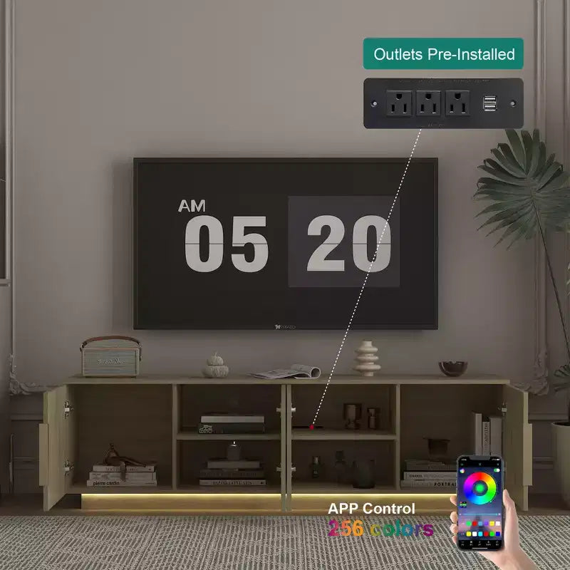 68-inch Modern TV Stand with 16-Color LED Lighting Compatible with 55-, 60-, and 65-inch TVs Includes Storage Space Wood-Tone