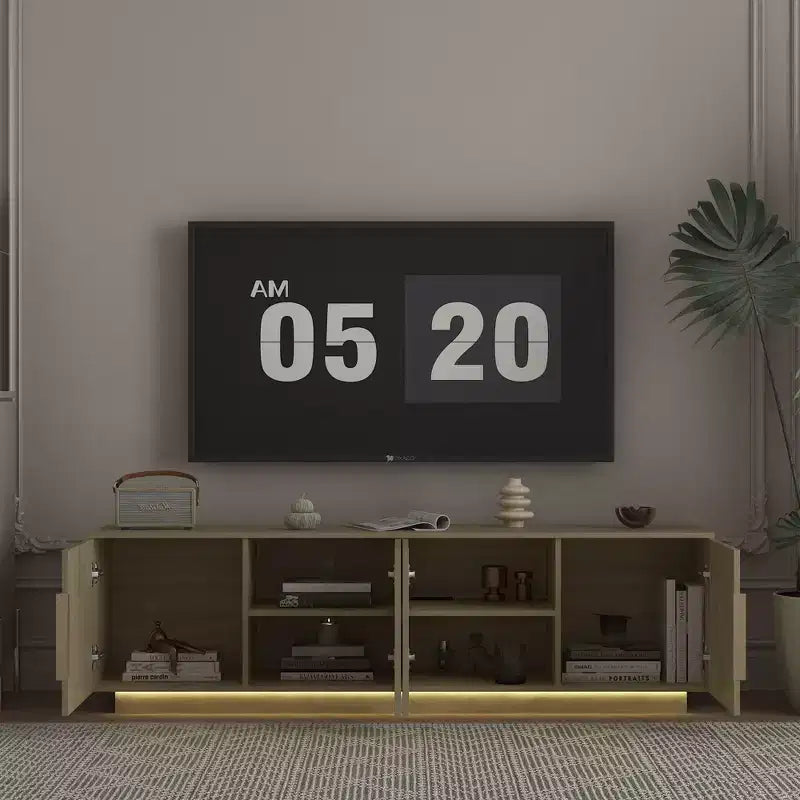 Mobile TV moderno da 68 pollici con illuminazione a LED a 16 colori, compatibile con TV da 55, 60 e 65 pollici, include spazio di archiviazione, effetto legno