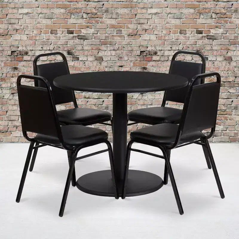 36'' Round Laminate Table Set with Round Base and 4 Trapezoidal Back Banquet Chairs