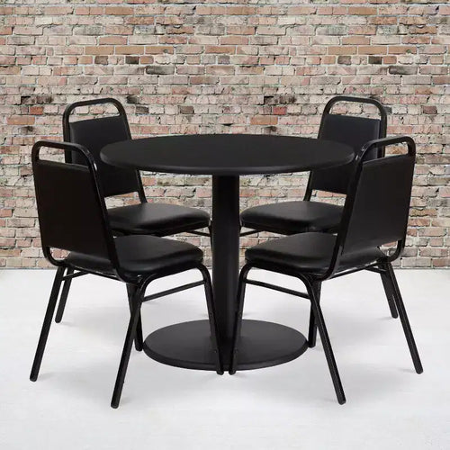 Set tavolo rotondo laminato da 36'' con base rotonda e 4 sedie da banchetto con schienale trapezoidale
