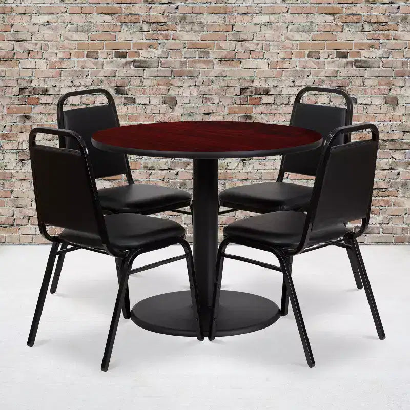 Set tavolo rotondo laminato da 36'' con base rotonda e 4 sedie da banchetto con schienale trapezoidale