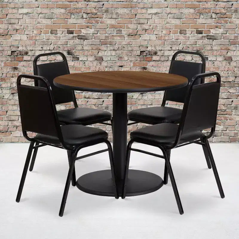 36'' Round Laminate Table Set with Round Base and 4 Trapezoidal Back Banquet Chairs