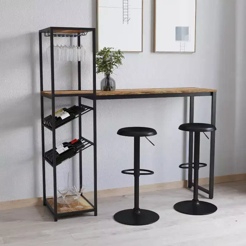Metal Bar and Wine Table with Bottle Storage and Hanging Stemware Holders