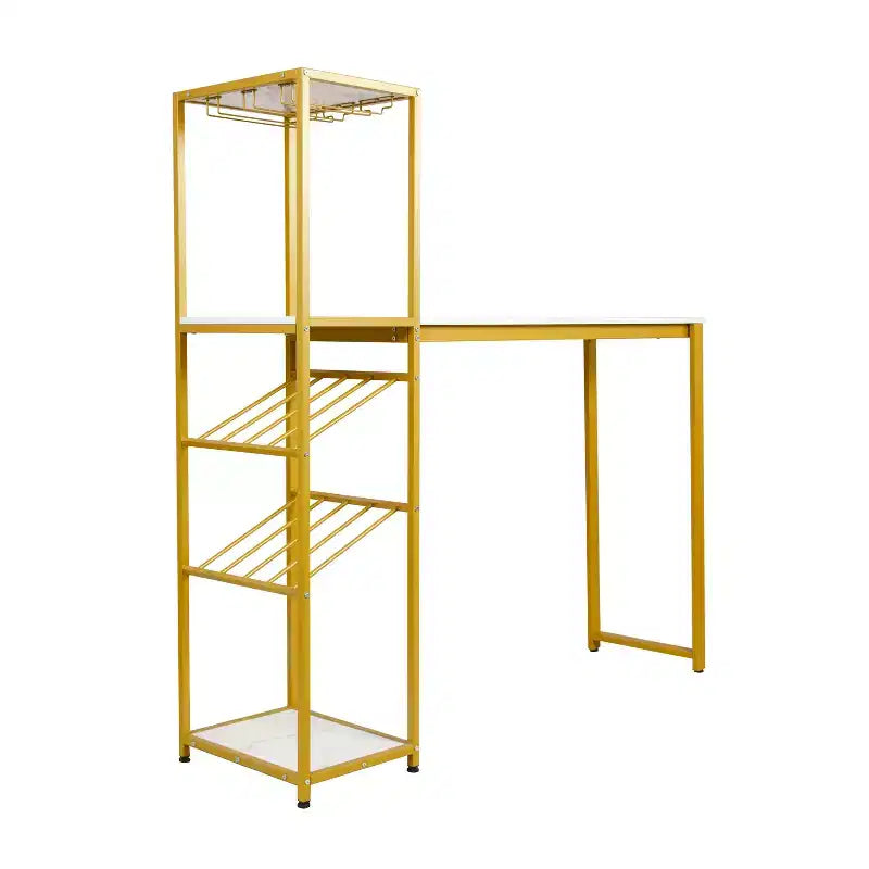 Metal Bar and Wine Table with Bottle Storage and Hanging Stemware Holders