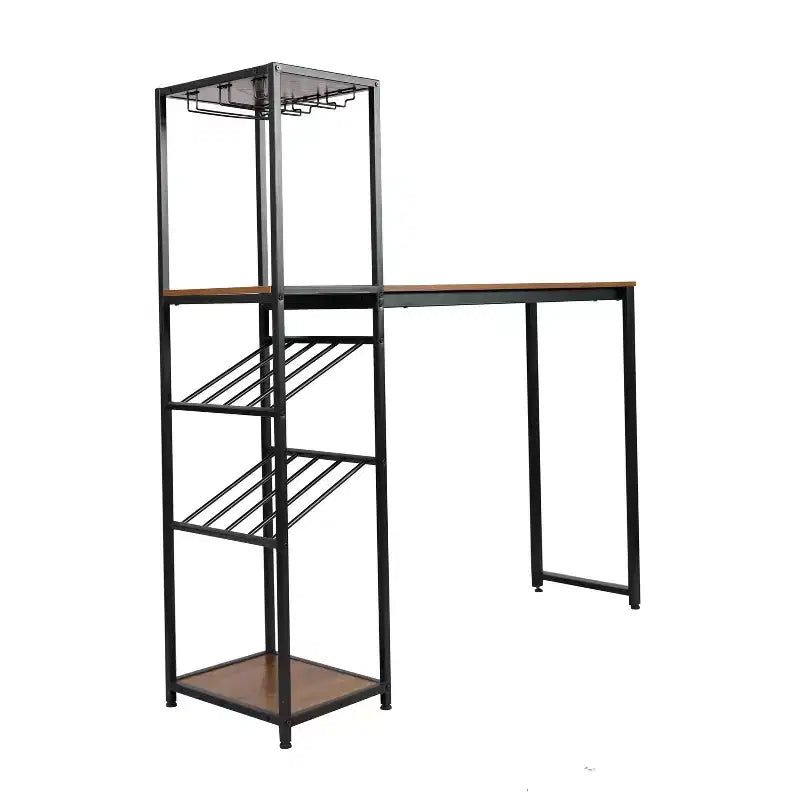 Metal Bar and Wine Table with Bottle Storage and Hanging Stemware Holders