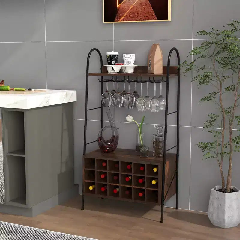 Industrial Rack Freestanding Bottle Holder with Stemware Holder & Open Shelves