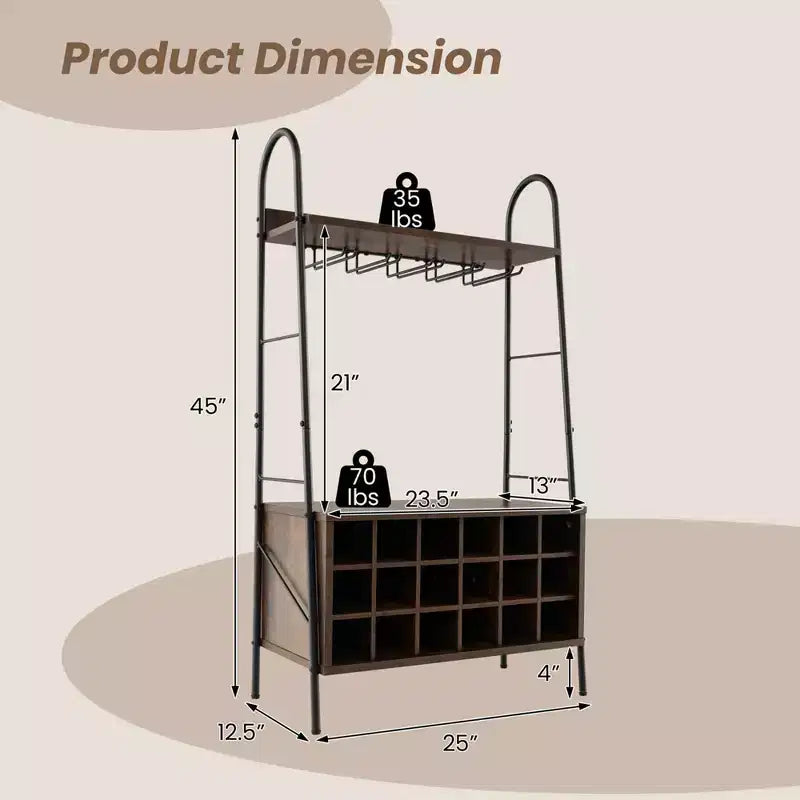 Industrial Rack Freestanding Bottle Holder with Stemware Holder & Open Shelves