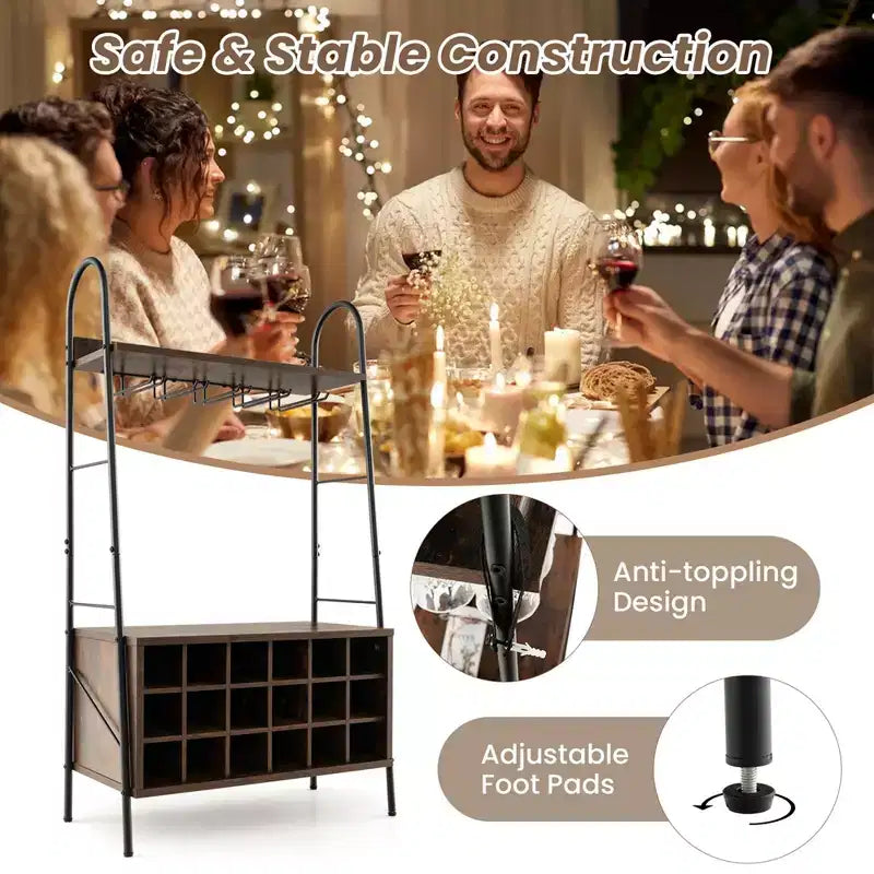 Industrial Rack Freestanding Bottle Holder with Stemware Holder & Open Shelves