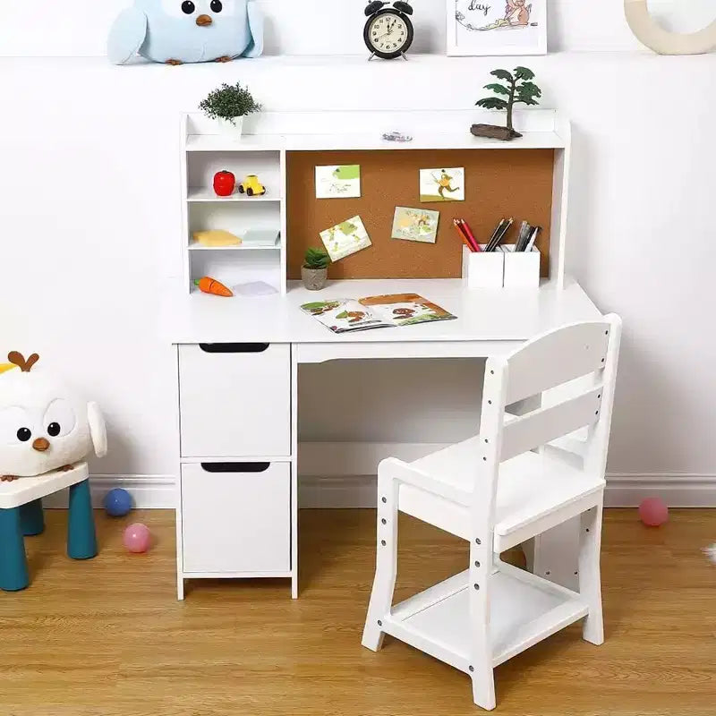 Set Tavolo e Sedia da Studio in Legno per Bambini con Scaffale, Bacheca e Armadietti, Bianco