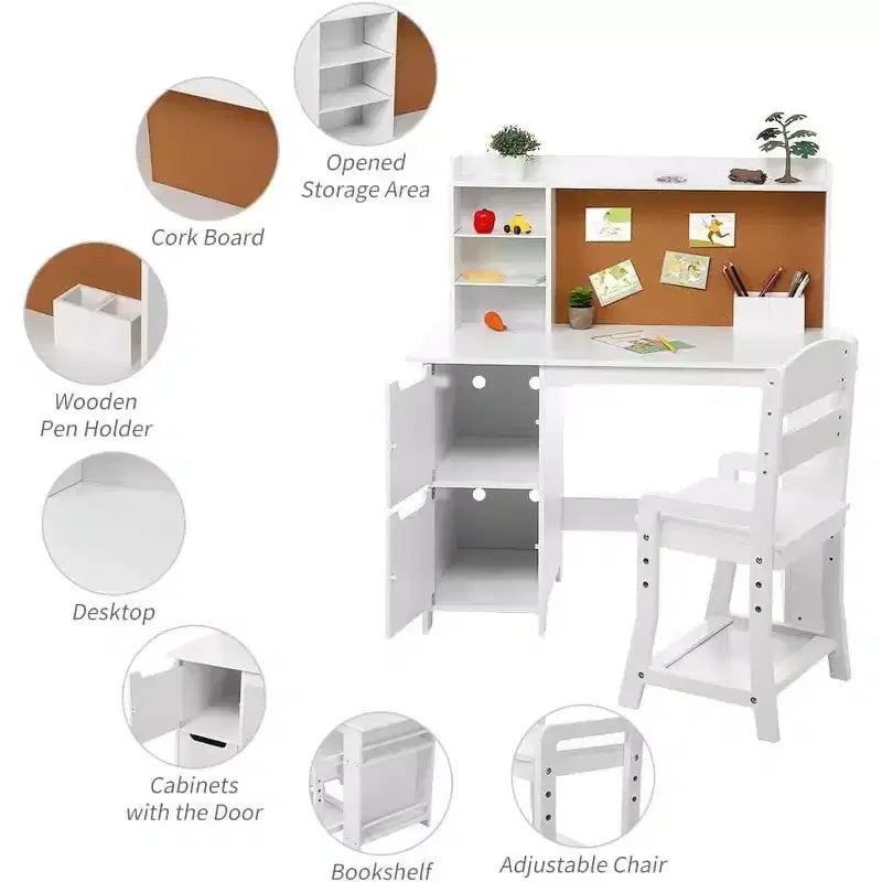Set Tavolo e Sedia da Studio in Legno per Bambini con Scaffale, Bacheca e Armadietti, Bianco