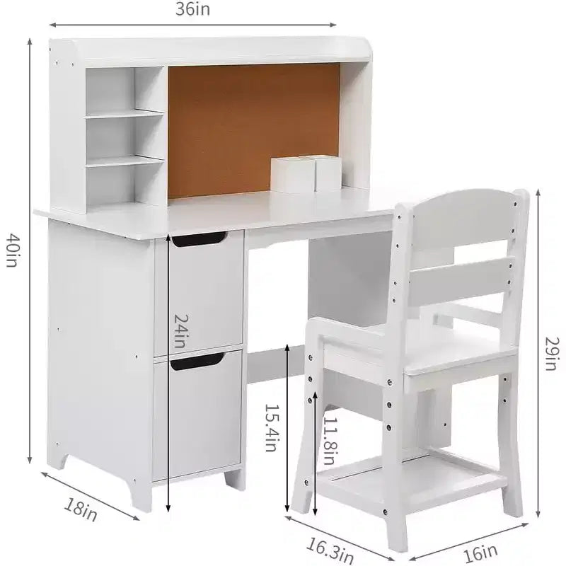 Set Tavolo e Sedia da Studio in Legno per Bambini con Scaffale, Bacheca e Armadietti, Bianco