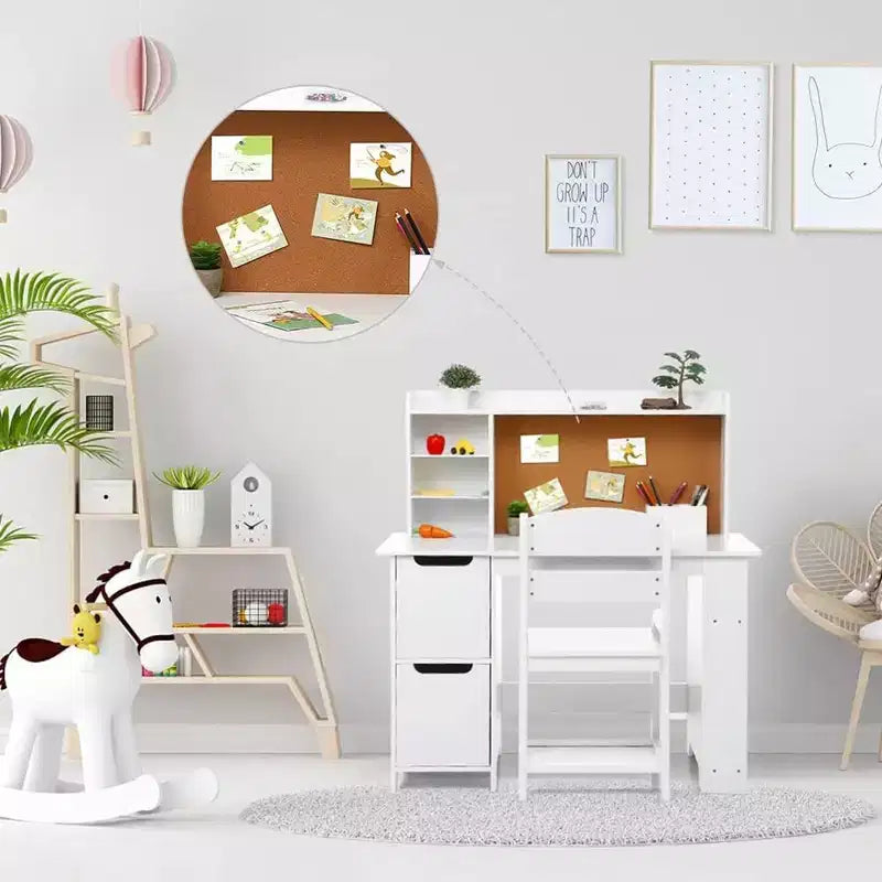 Kids Wooden Study Desk Learn Table Chair Set with Bookshelf, Bulletin Board, and Cabinets,White