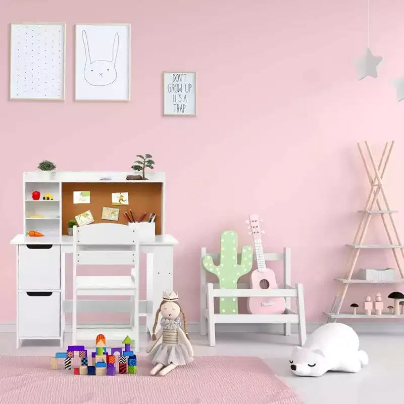 Set Tavolo e Sedia da Studio in Legno per Bambini con Scaffale, Bacheca e Armadietti, Bianco