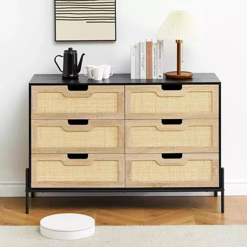 Rattan Dresser, 6-Drawer Tall Dresser for Bedroom, Storage Dresser Organizer Units for Closet Living Room Hallway Entryway