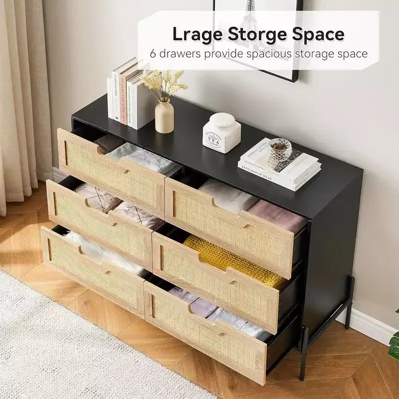 Rattan Dresser, 6-Drawer Tall Dresser for Bedroom, Storage Dresser Organizer Units for Closet Living Room Hallway Entryway