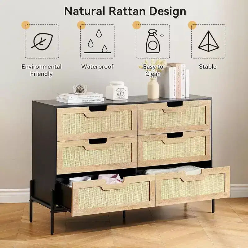 Rattan Dresser, 6-Drawer Tall Dresser for Bedroom, Storage Dresser Organizer Units for Closet Living Room Hallway Entryway